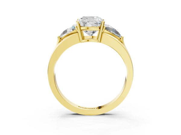 Yellow Gold Cushion Cut Trillion Three Stone Engagement Ring Setting