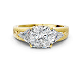 Yellow gold Three-Stone Cushion Cut Cut Diamond Ring with Trillion Side Stones on a Split Shank Band_9