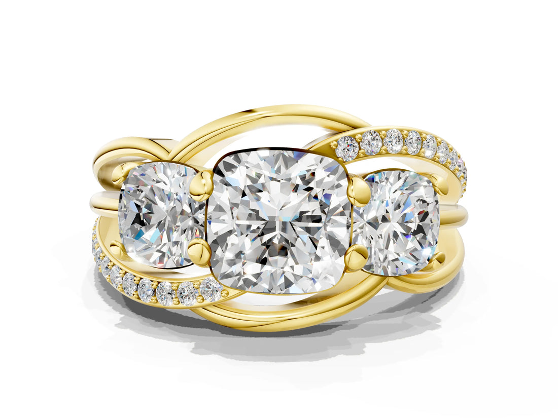 Yellow gold Three-Stone Cushion Cut Cut Diamond Split Shank Prong Set Ring_7