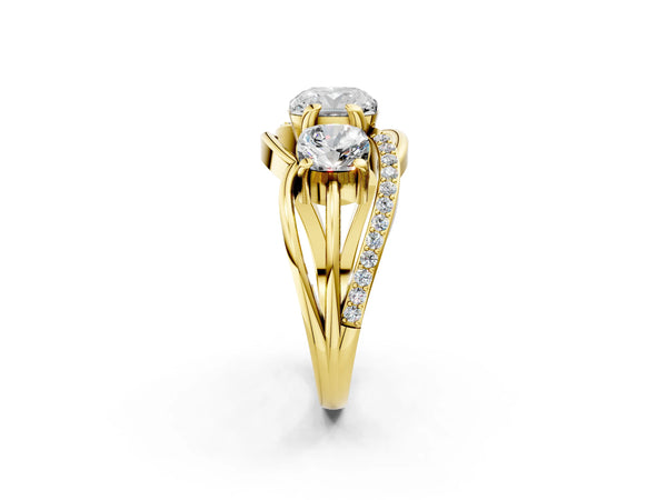 Yellow Gold Cushion Cut Three Stone Engagement Ring Setting with Matching Sides and Pave Split Shank