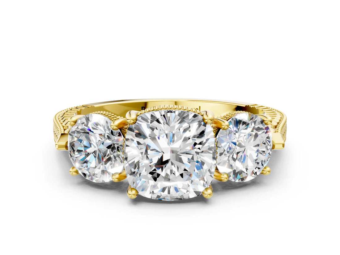 Yellow gold Three-Stone Cushion Cut Cut Milgrain Band Prong Setting Ring_19