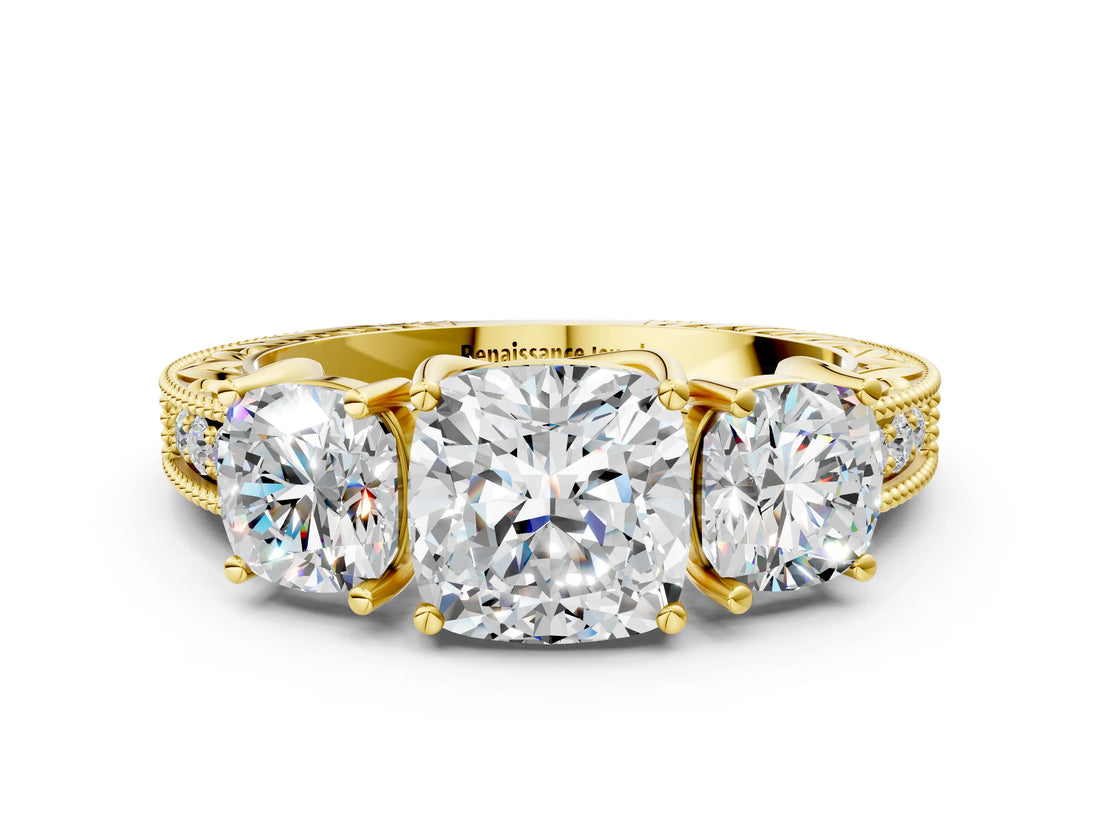 Yellow gold Three-Stone Cushion Cut Cut Milgrain Pavé Engagement Ring_3