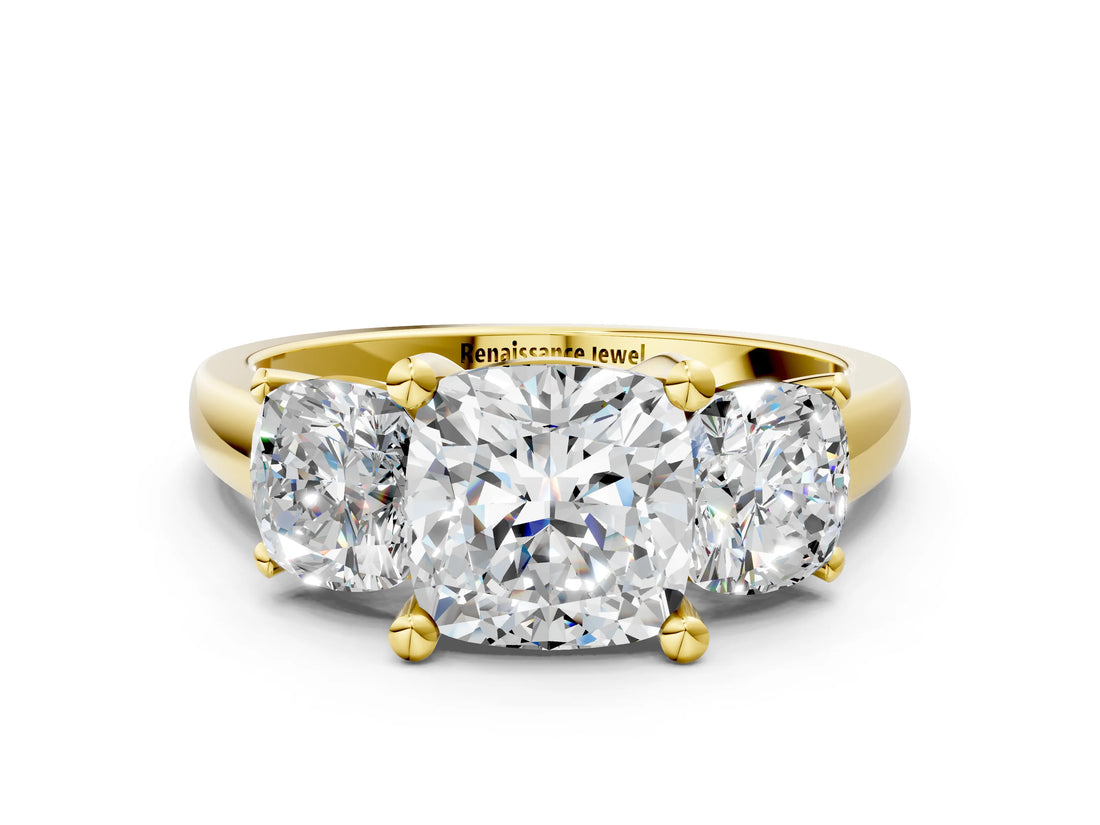 Yellow gold Three-Stone Cushion Cut Cut Solitaire Ring with Classic Prong Setting_3