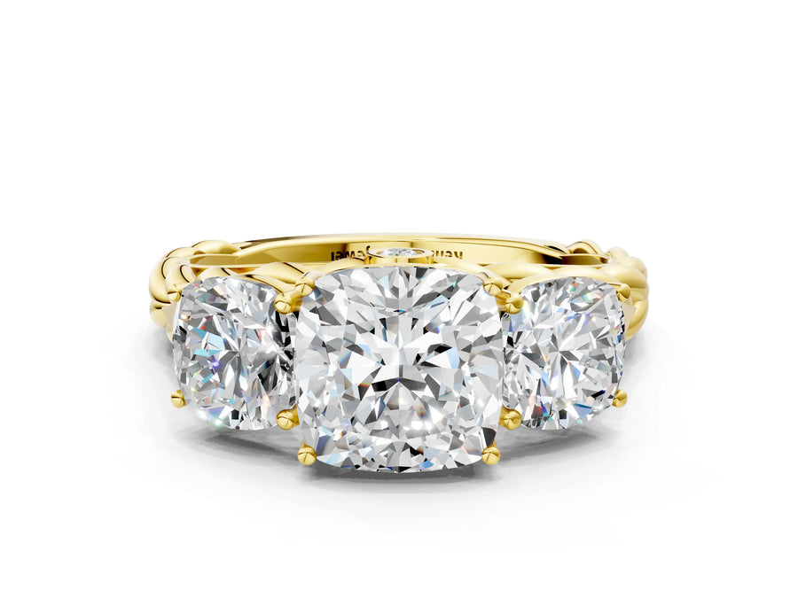 Yellow gold Three-Stone Cushion Cut Diamond Braided Band Ring with Four-Prong Setting