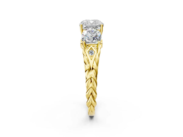 Yellow gold Three-Stone Cushion Cut Diamond Braided Band Ring with Four-Prong Setting