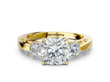 Yellow gold Three-Stone Cushion Cut Diamond Cathedral Engagement Ring with Prong Setting_6