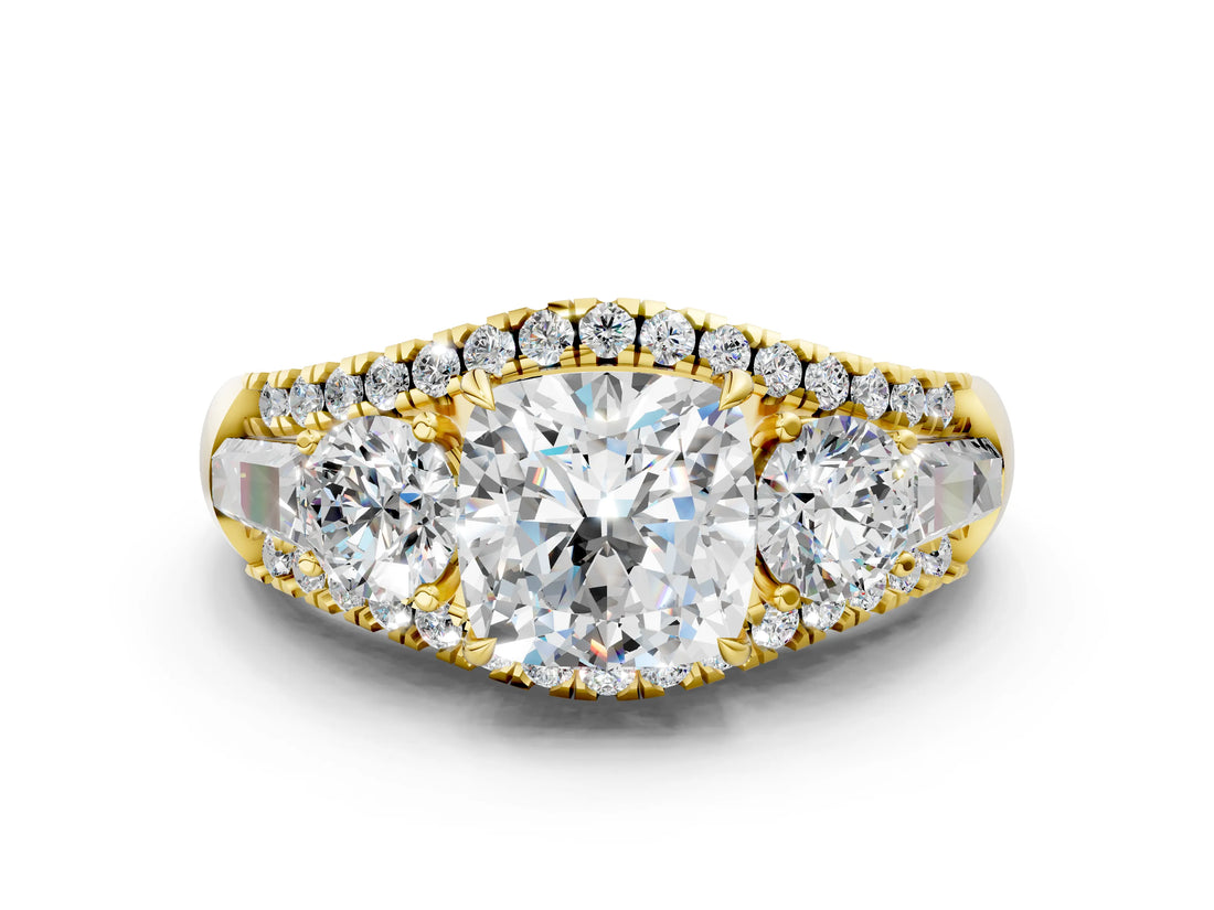 Yellow gold Three-Stone Cushion Cut Diamond Engagement Ring with Pave Band and Prong Setting_14