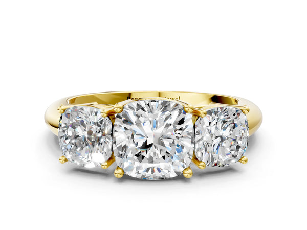 Yellow gold Three-Stone Cushion Cut Diamond Engagement Ring with Prong Setting on a White Gold Band