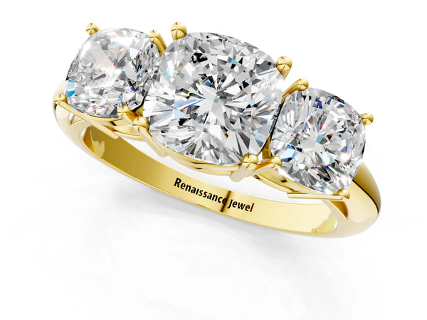 Yellow gold Three-Stone Cushion Cut Diamond Engagement Ring with Prong Setting on a White Gold Band
