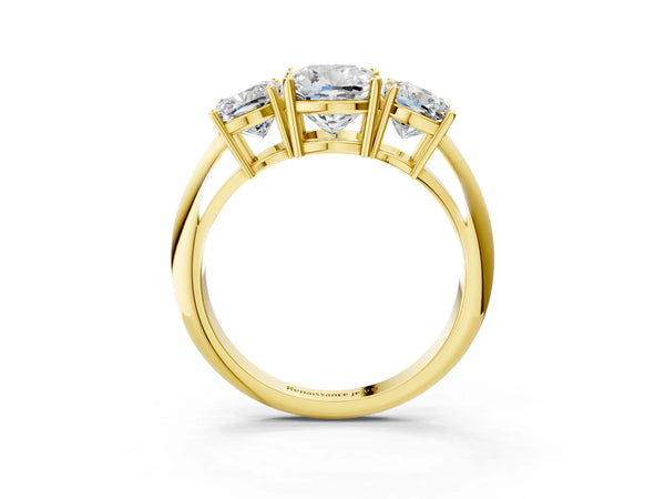 Yellow gold Three-Stone Cushion Cut Diamond Engagement Ring with Prong Setting on a White Gold Band