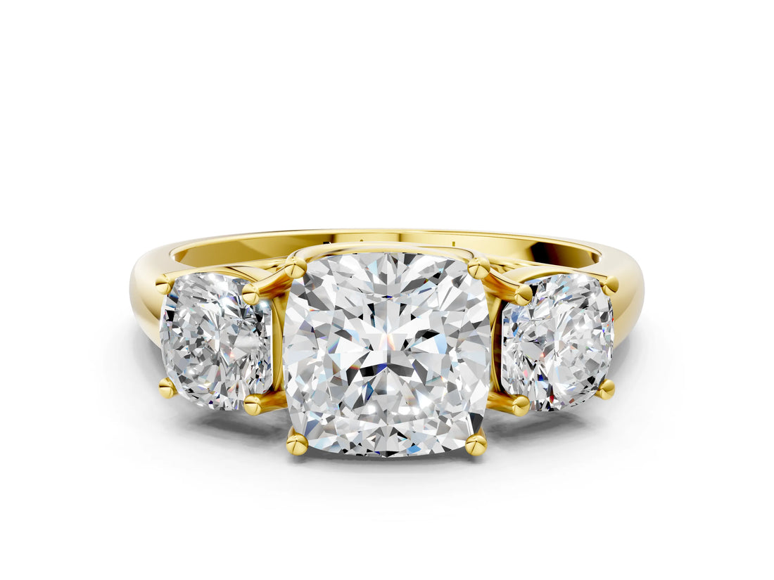 Yellow gold Three-Stone Cushion Cut Diamond Engagement Ring with Prong Setting_3