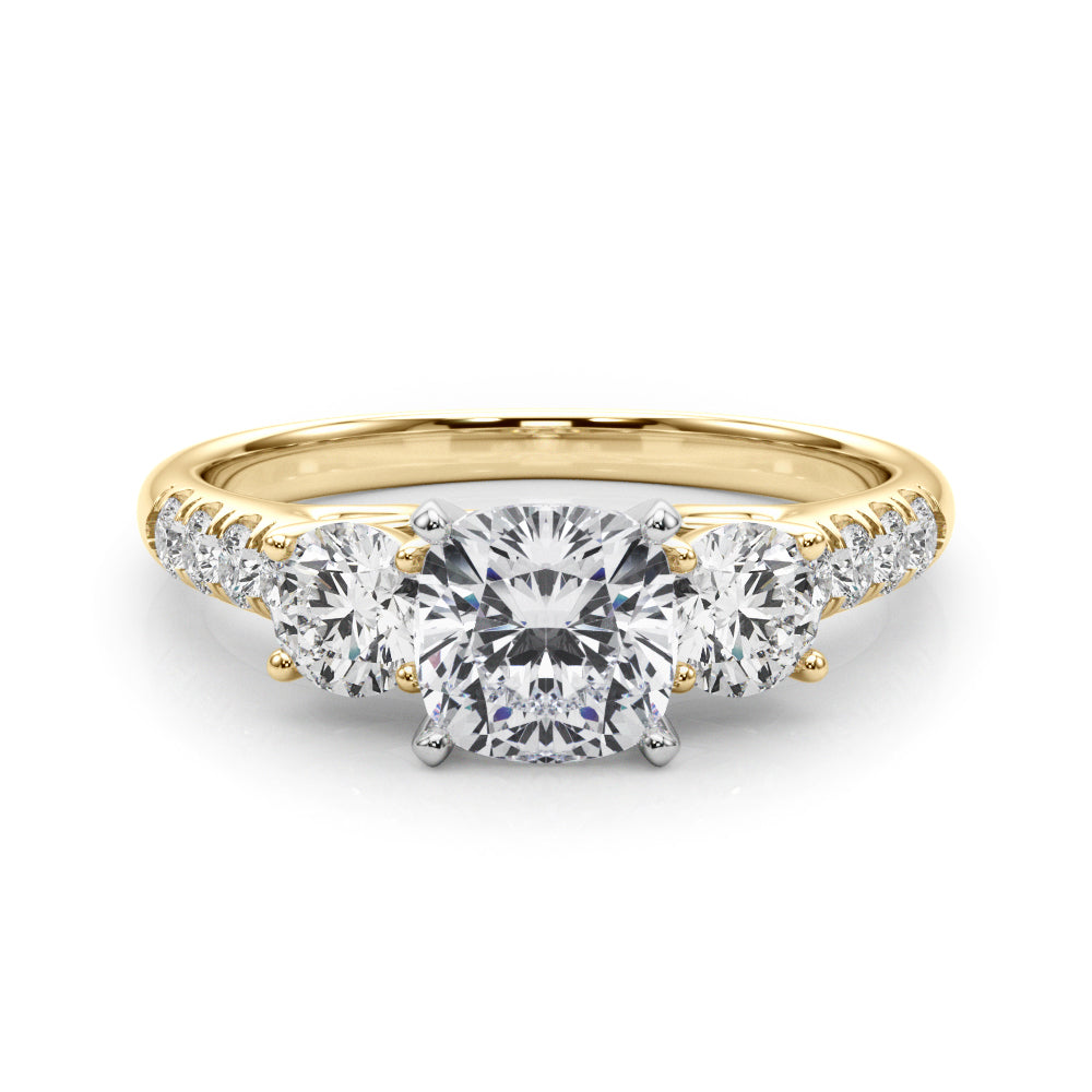 Yellow gold Three-Stone Cushion Cut Diamond Pavé Band with Four-Prong Setting 1