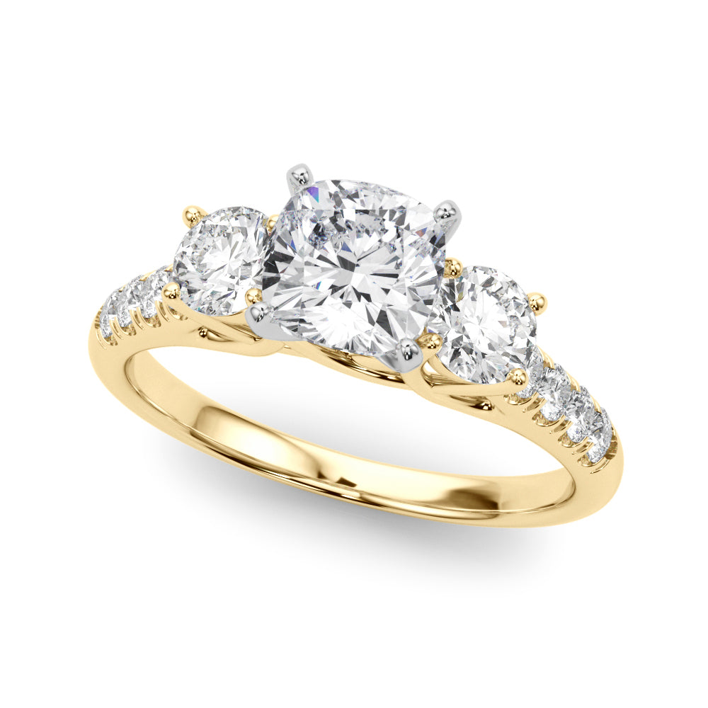 Yellow gold Three-Stone Cushion Cut Diamond Pavé Band with Four-Prong Setting