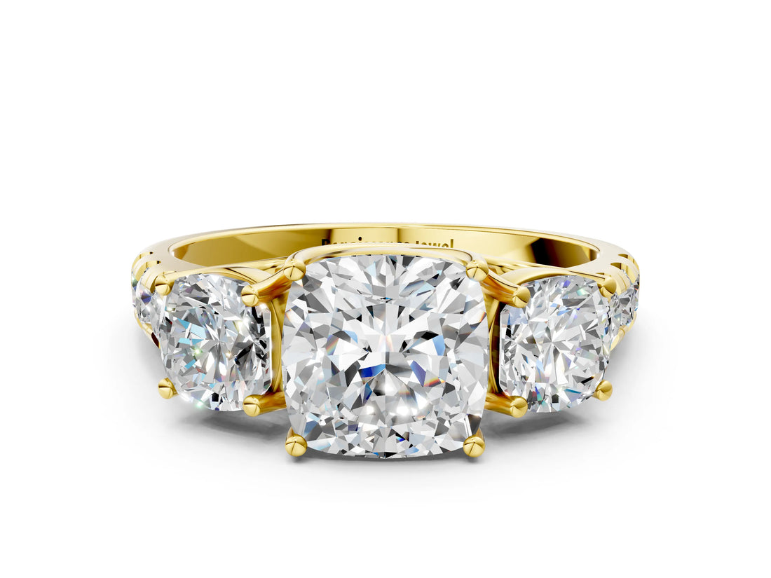 Yellow gold Three-Stone Cushion Cut Diamond Pavé Band with Prong Setting_3