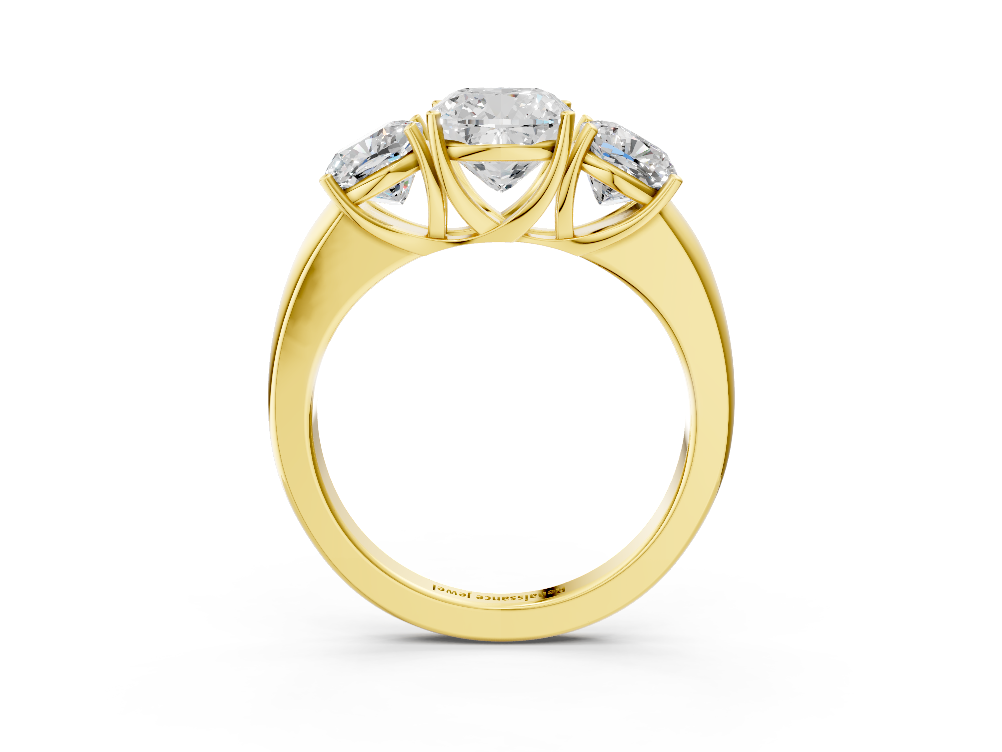 Yellow gold Three-Stone Cushion Cut Diamond Ring with Channel-Set Band and Four-Prong Setting_35