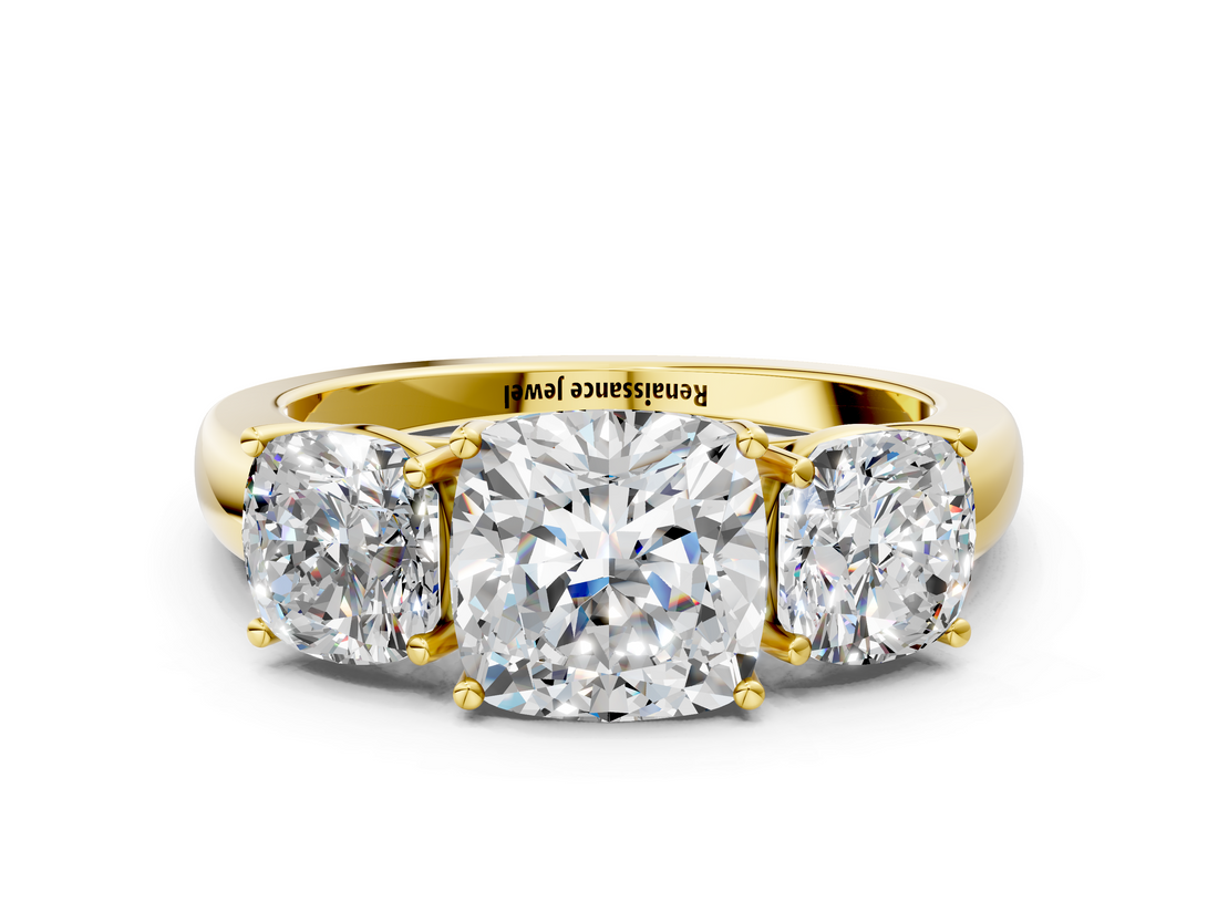 Yellow gold Three-Stone Cushion Cut Diamond Ring with Channel-Set Band and Four-Prong Setting_49