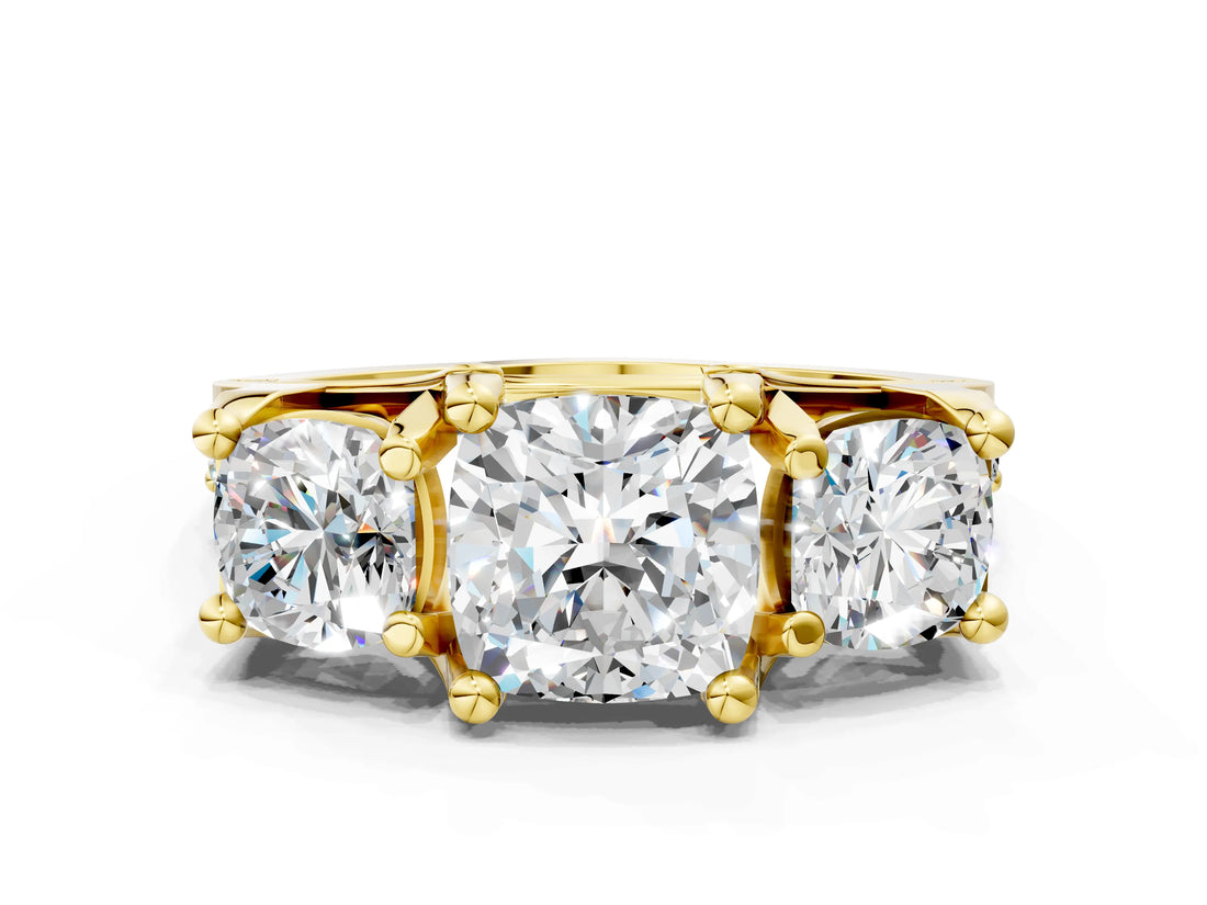Yellow gold Three-Stone Cushion Cut Diamond Ring with Channel-Set Band and Four-Prong Setting_64