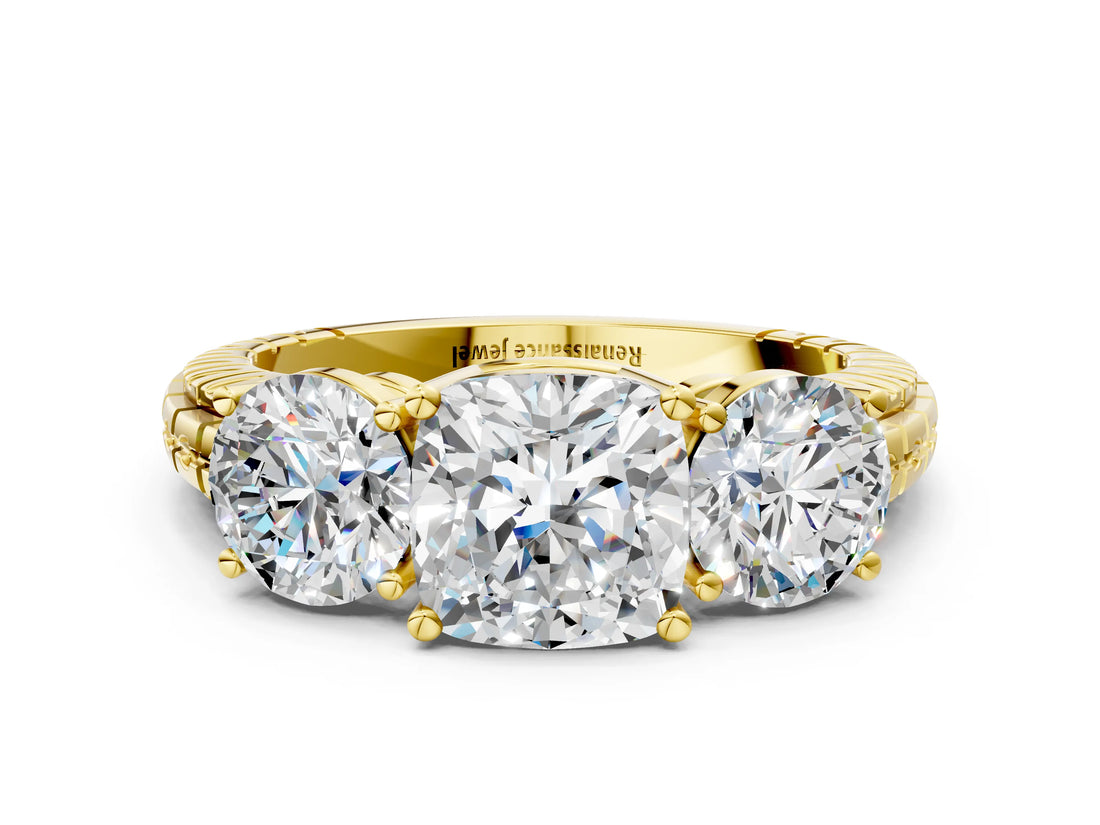 Yellow gold Three-Stone Cushion Cut Diamond Ring with Channel-Set Band and Prong Setting_6