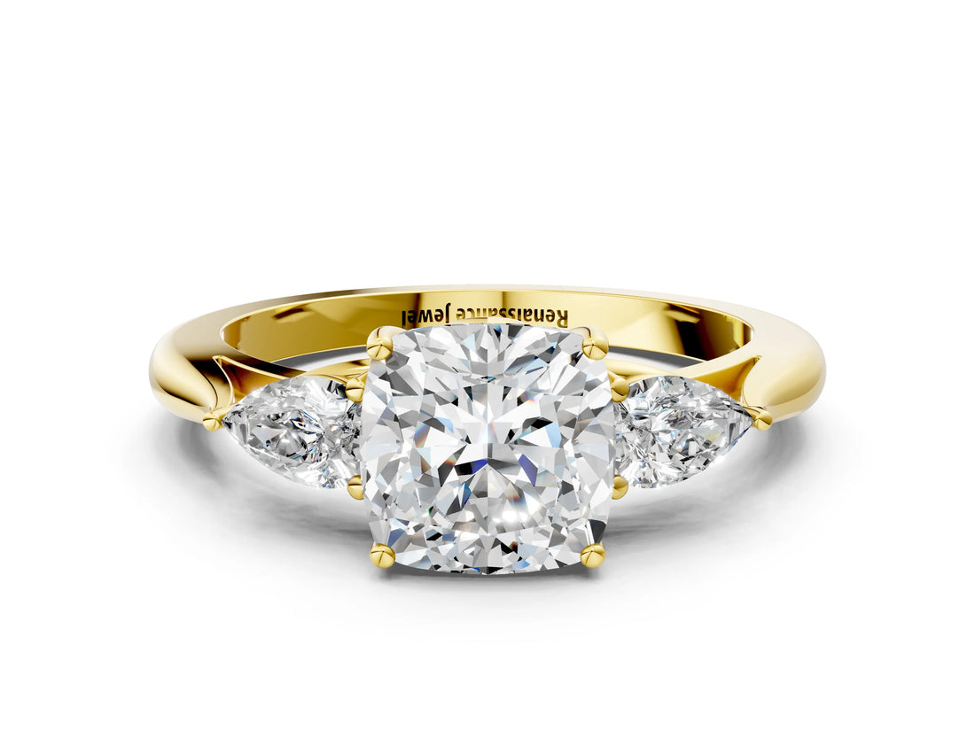 Yellow gold Three-Stone Cushion Cut Diamond Ring with Pear  Side Stones in Four-Prong Setting_12