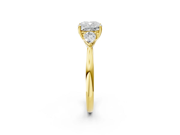 Yellow Gold Cushion Cut Three Stone Engagement Ring Setting with Pear Side Stones and Thin Band