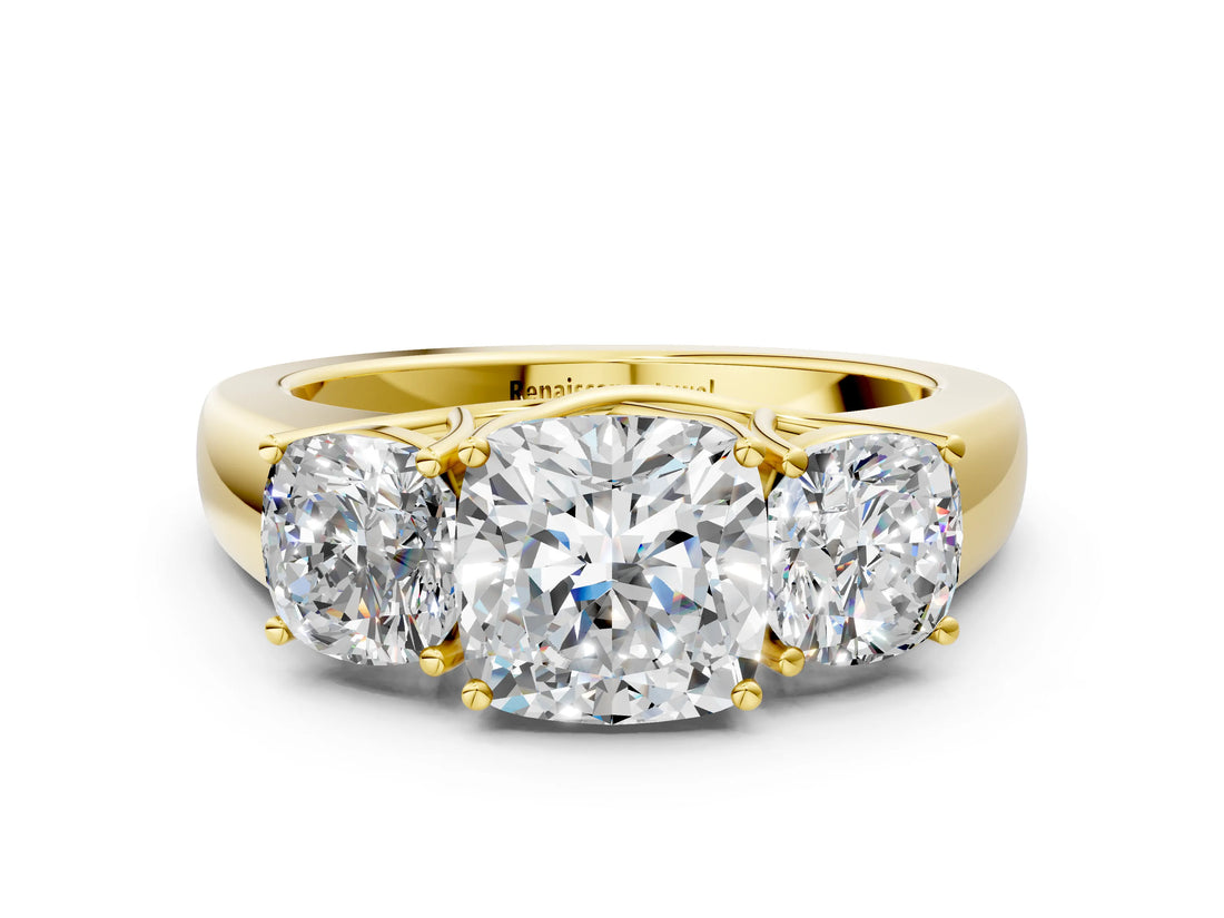Yellow gold Three-Stone Cushion Cut Diamond Ring with Prong Setting and Classic Band_11