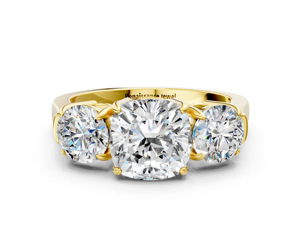 Yellow gold Three-Stone Cushion Cut Diamond Ring with Round Accent Stones, Prong Setting, and Classic Band