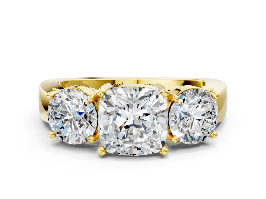Yellow gold Three-Stone Cushion Cut Diamond Ring with Round Side Stones, Classic Band, and Four-Prong Setting_7