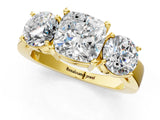 Yellow gold Three-Stone Cushion Cut Diamond Ring with Round Side Stones, Classic Band, and Four-Prong Setting_8