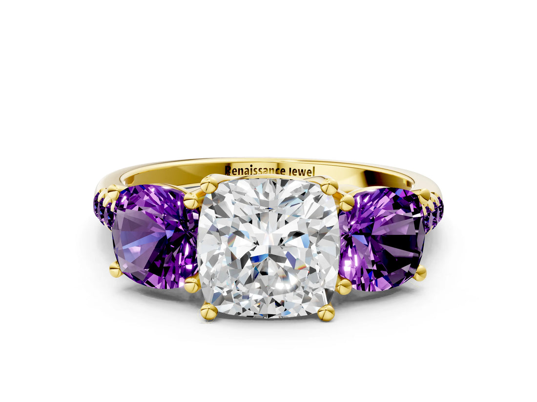Yellow gold Three-Stone Cushion Cut Diamond Ring with Round with Amethyst side stone Pavé Band and Prong Setting