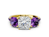 Yellow gold Three-Stone Cushion Cut Diamond Ring with Round with Amethyst side stone Pavé Band and Prong Setting