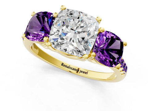 Yellow gold Three-Stone Cushion Cut Diamond Ring with Round with Amethyst side stone Pavé Band and Prong Setting_1