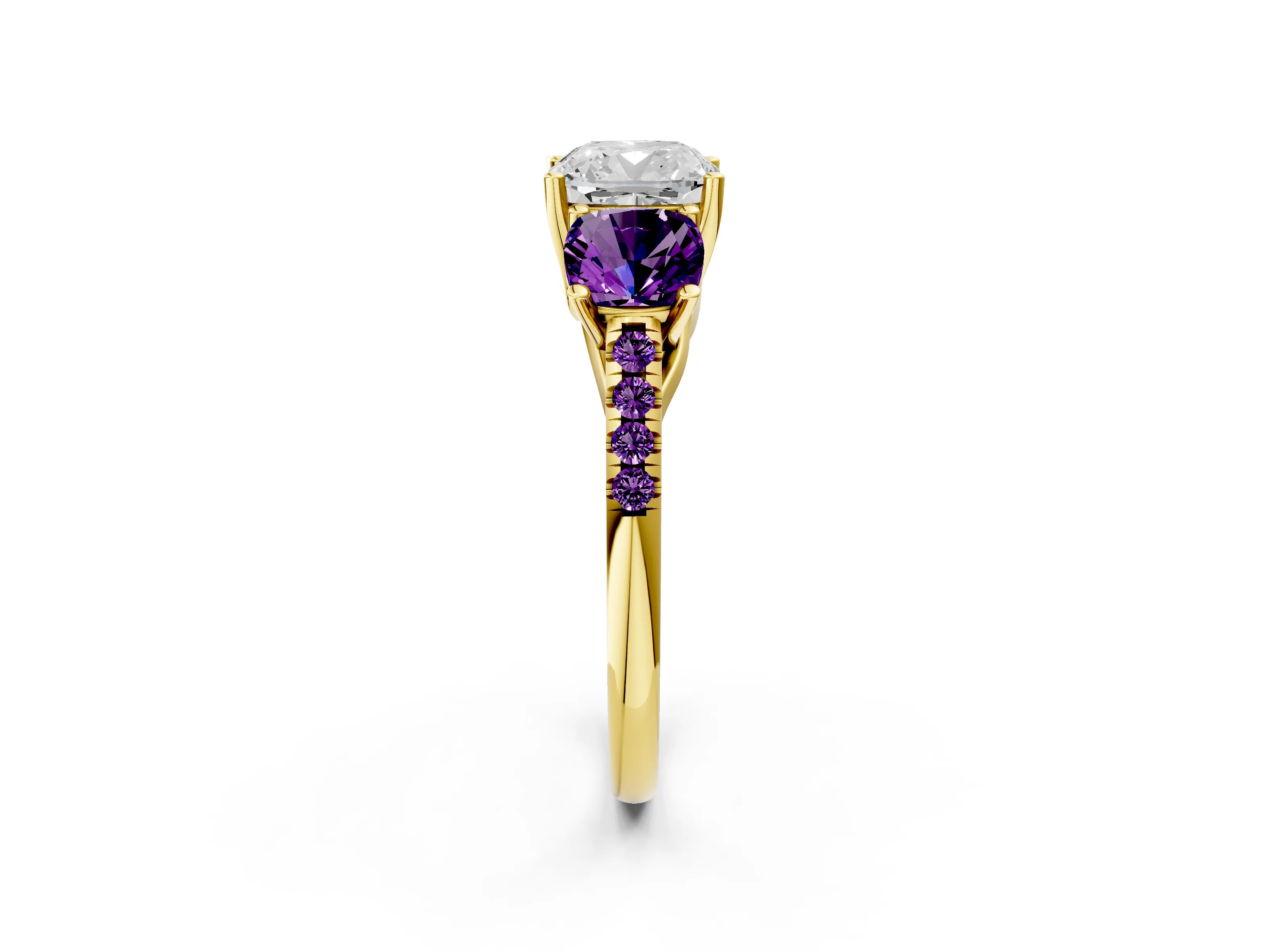 Yellow gold Three-Stone Cushion Cut Diamond Ring with Round with Amethyst side stone Pavé Band and Prong Setting_2