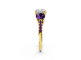 Yellow gold Three-Stone Cushion Cut Diamond Ring with Round with Amethyst side stone Pavé Band and Prong Setting_2
