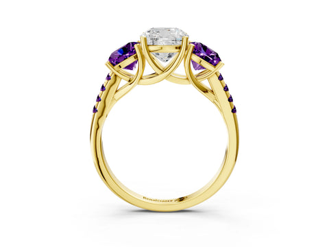 Yellow gold Three-Stone Cushion Cut Diamond Ring with Round with Amethyst side stone Pavé Band and Prong Setting_3
