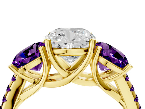 Yellow gold Three-Stone Cushion Cut Diamond Ring with Round with Amethyst side stone Pavé Band and Prong Setting_4