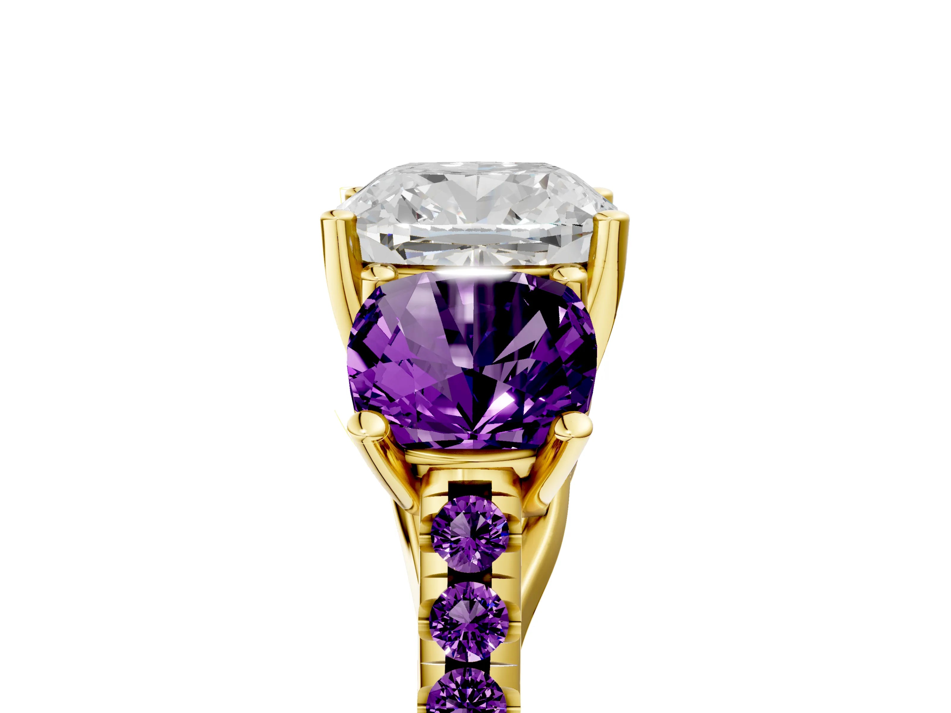 Yellow gold Three-Stone Cushion Cut Diamond Ring with Round with Amethyst side stone Pavé Band and Prong Setting_5
