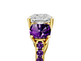 Yellow gold Three-Stone Cushion Cut Diamond Ring with Round with Amethyst side stone Pavé Band and Prong Setting_5