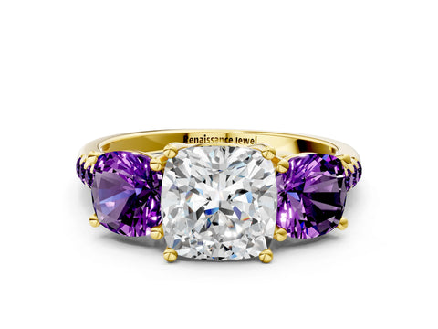 Yellow gold Three-Stone Cushion Cut Diamond Ring with Round with Amethyst side stone Pavé Band and Prong Setting