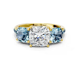 Yellow gold Three-Stone Cushion Cut Diamond Ring with Round with Aquamarine side stone Pavé Band and Prong Setting