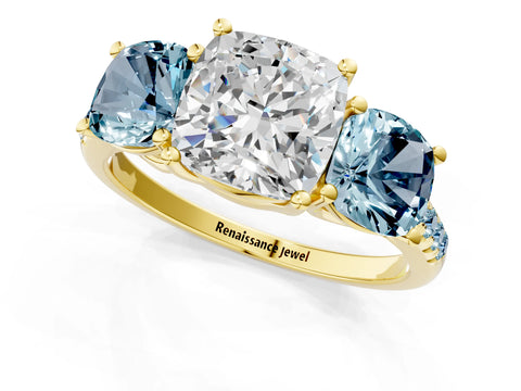Yellow gold Three-Stone Cushion Cut Diamond Ring with Round with Aquamarine side stone Pavé Band and Prong Setting_1