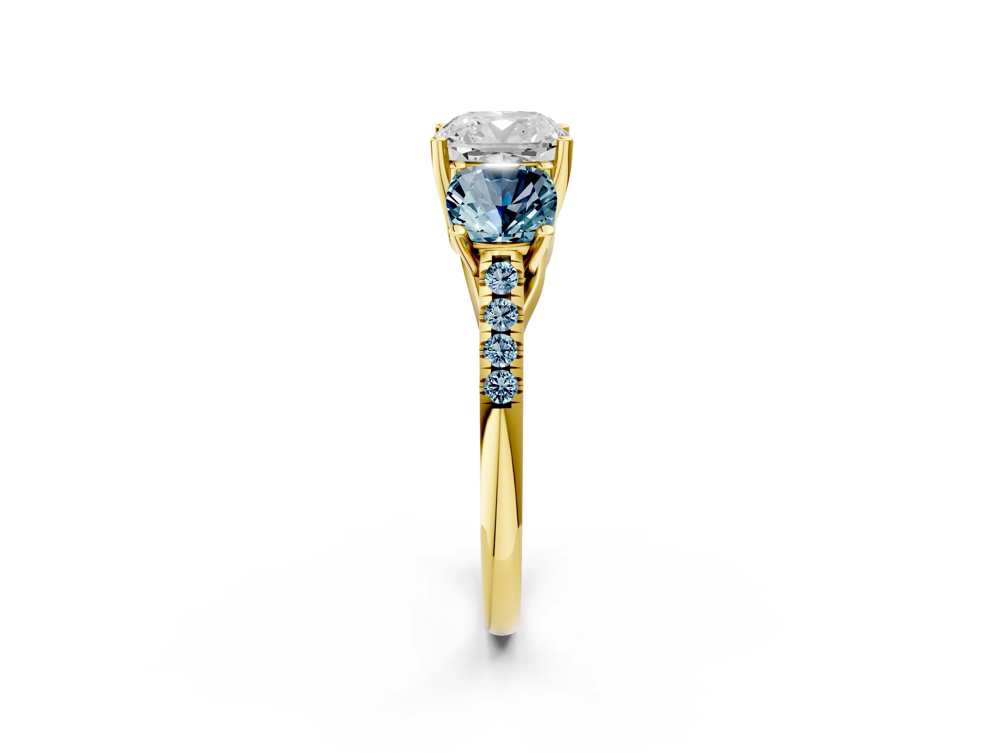 Yellow gold Three-Stone Cushion Cut Diamond Ring with Round with Aquamarine side stone Pavé Band and Prong Setting_2
