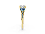 Yellow gold Three-Stone Cushion Cut Diamond Ring with Round with Aquamarine side stone Pavé Band and Prong Setting_2