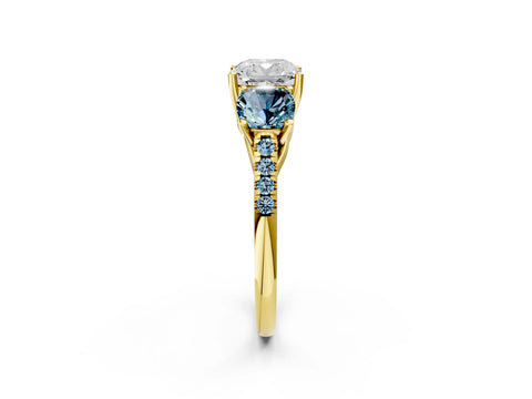 Yellow gold Three-Stone Cushion Cut Diamond Ring with Round with Aquamarine side stone Pavé Band and Prong Setting_2