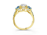 Yellow gold Three-Stone Cushion Cut Diamond Ring with Round with Aquamarine side stone Pavé Band and Prong Setting_3