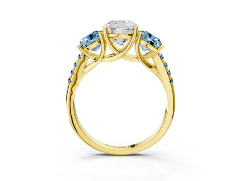 Yellow gold Three-Stone Cushion Cut Diamond Ring with Round with Aquamarine side stone Pavé Band and Prong Setting_3