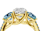 Yellow gold Three-Stone Cushion Cut Diamond Ring with Round with Aquamarine side stone Pavé Band and Prong Setting_4