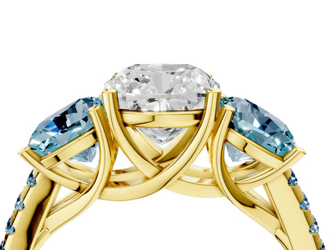 Yellow gold Three-Stone Cushion Cut Diamond Ring with Round with Aquamarine side stone Pavé Band and Prong Setting_4