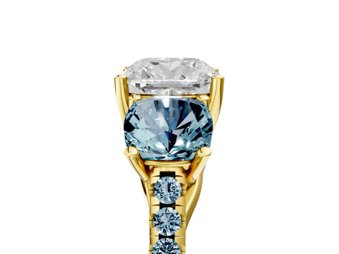 Yellow gold Three-Stone Cushion Cut Diamond Ring with Round with Aquamarine side stone Pavé Band and Prong Setting_5