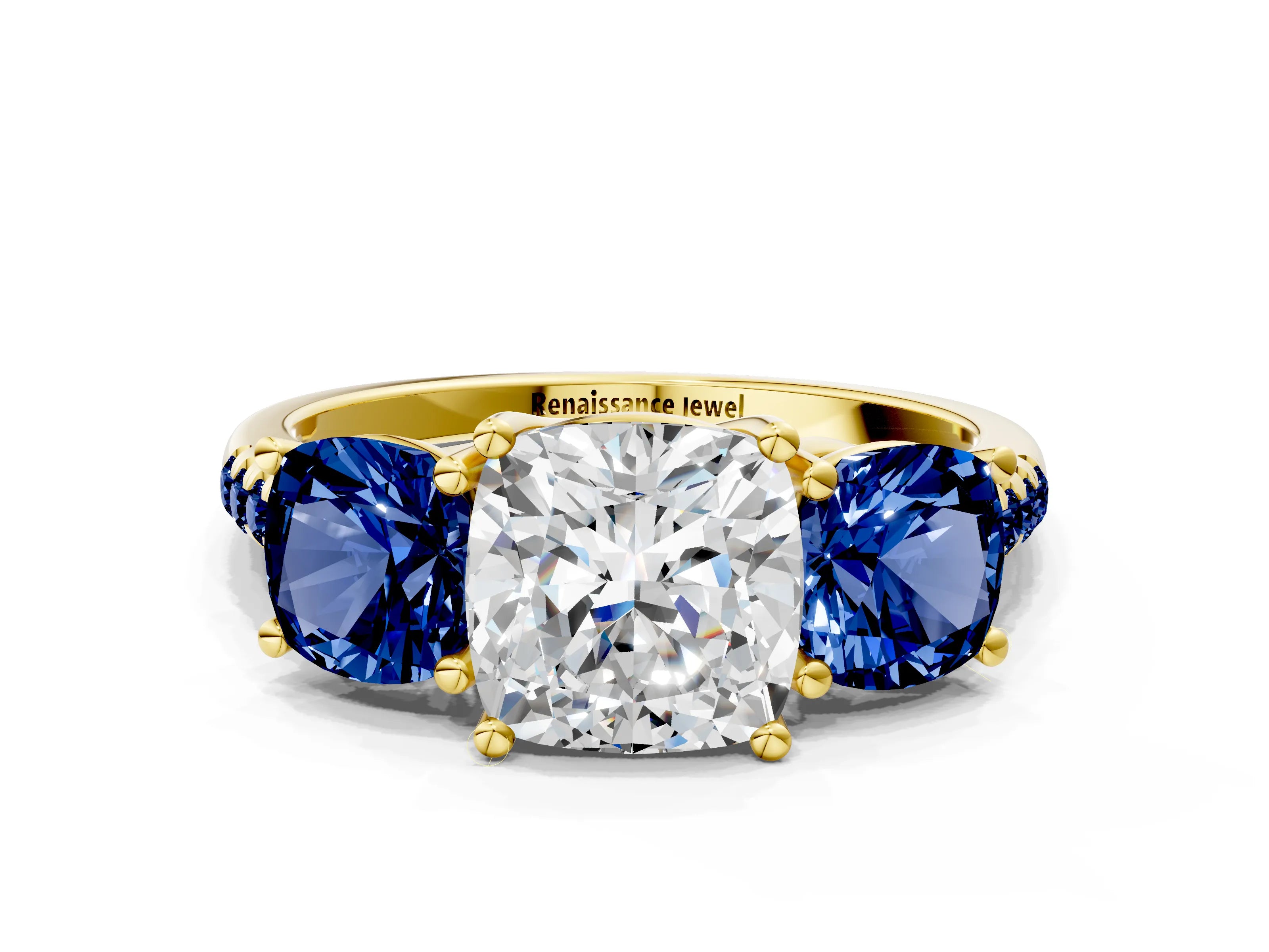 Yellow gold Three-Stone Cushion Cut Diamond Ring with Round with Blue Sapphire side stone Pavé Band and Prong Setting