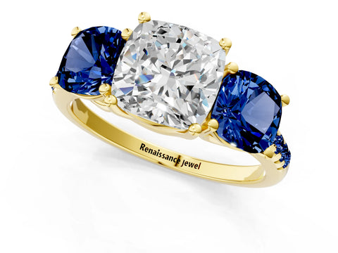 Yellow gold Three-Stone Cushion Cut Diamond Ring with Round with Blue Sapphire side stone Pavé Band and Prong Setting_1
